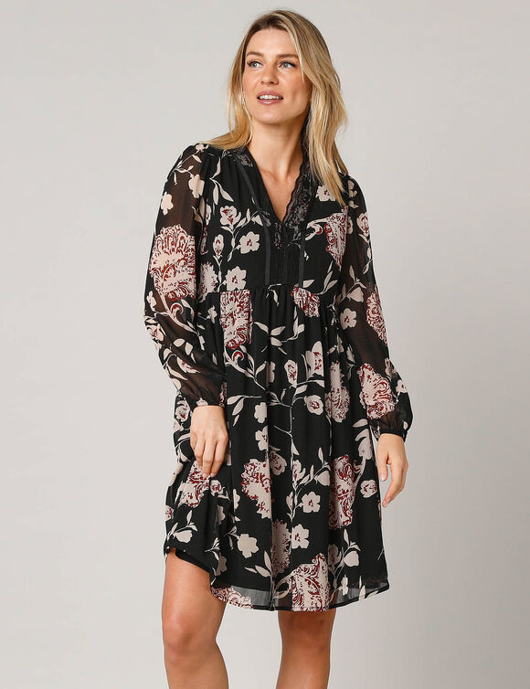 Robe évasée en voile fleuri, col V en dentelle (noir / beige) Robe évasée en voile fleuri, col V en dentelle (noir / beige)